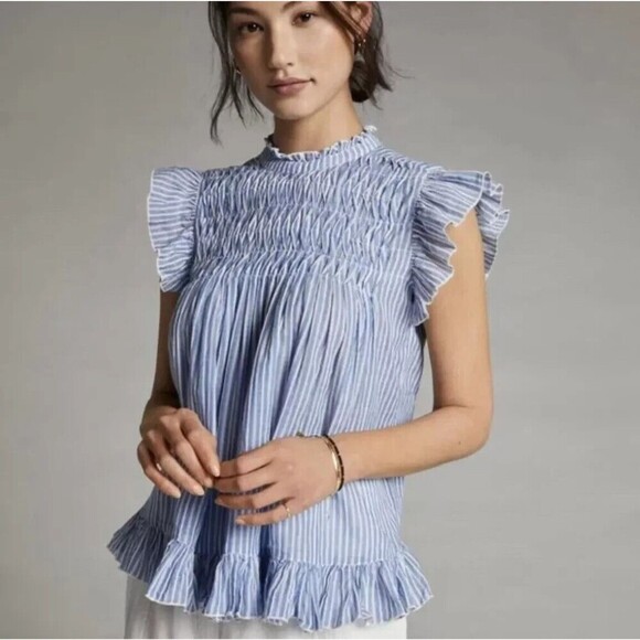 Anthropologie Blouse Size XS Vintage Charm Ruffled Peplum Blue Striped Flutter - Picture 1 of 9